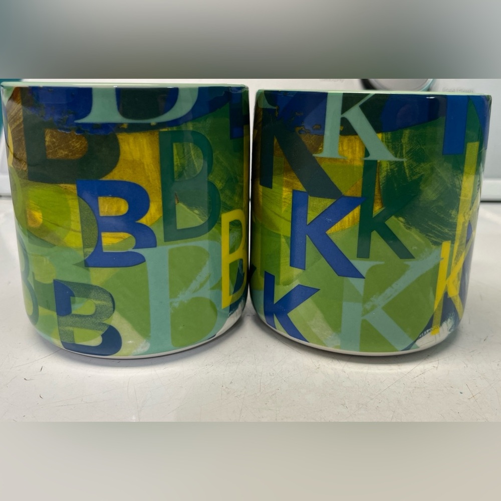 Lot 2 Anthropologie Coffee Mug Cup Green Ceramic Lottie Monogram “B” “K” 16oz